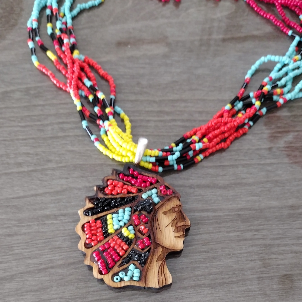 3/$30 Multicolor Beaded Western Set Necklace with Indian Tribal Pendant